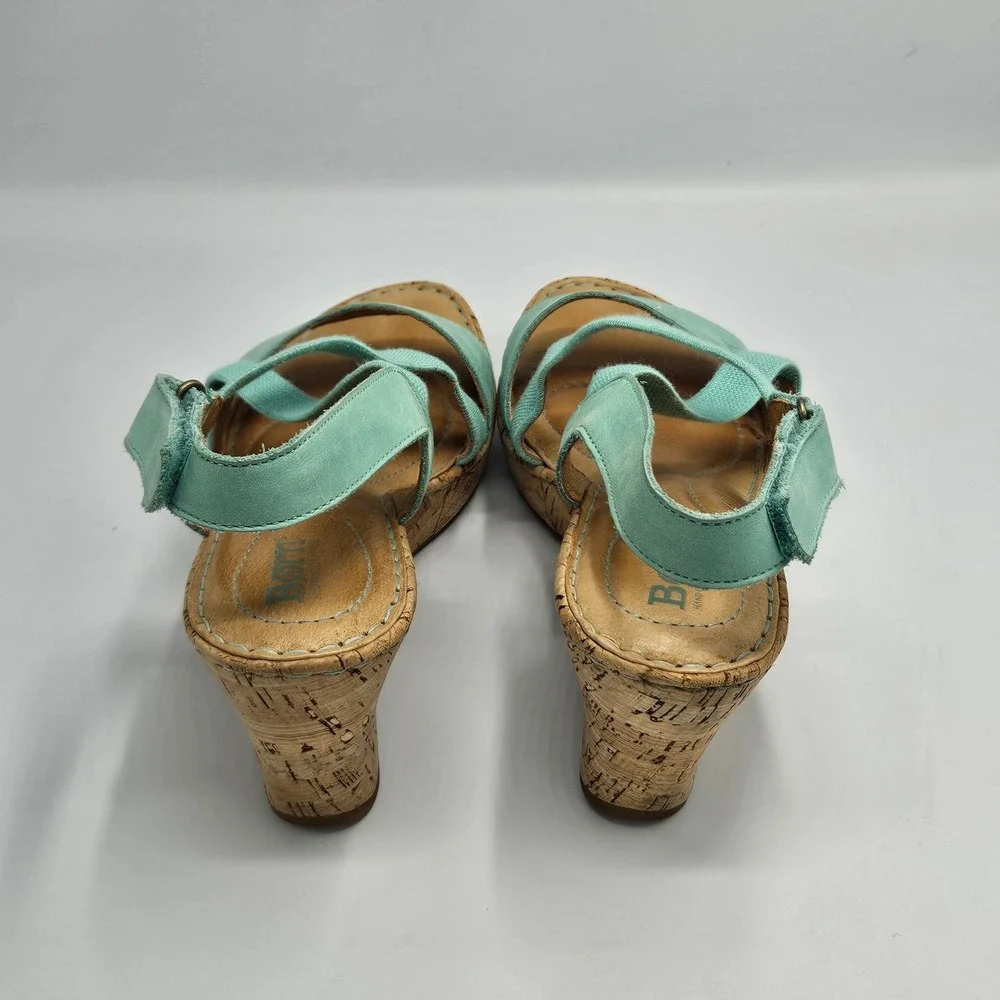 Born Womens Mint Green Leather Cork Wedge Sandals Elastic Straps Size 8